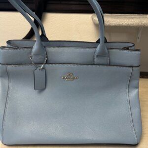 Coach Pebble Leather Carryall Tote Blue Shoulder Bag Work Purse Center Zip